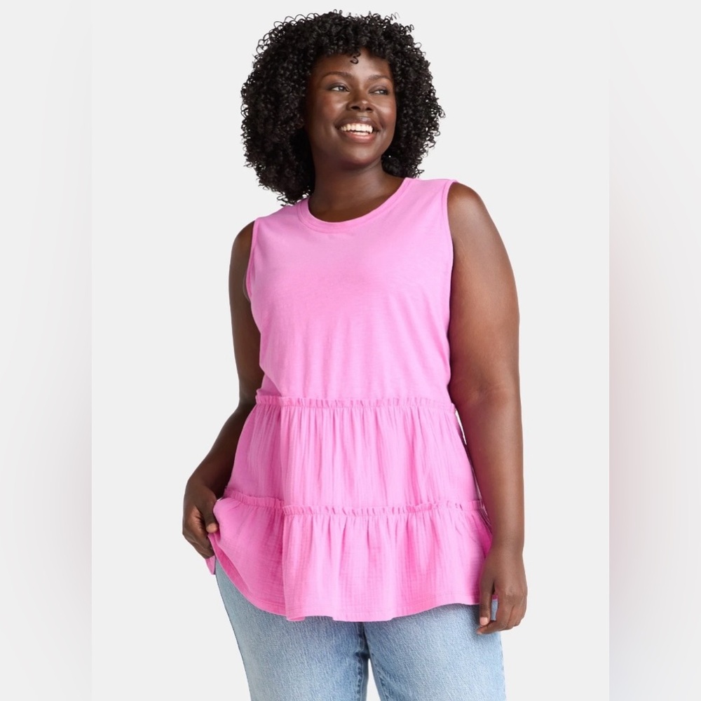 Terra & Sky Women's Plus Sleeveless Cotton Mixed Media Tunic Tank Top, Size 1X